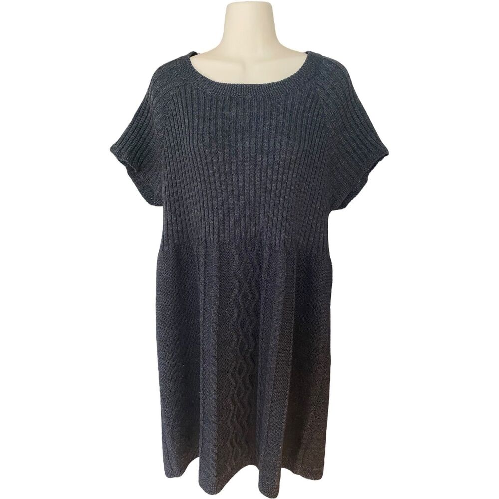 Connected Woman Cable Knit Charcoal Gray Sweater Tunic Short Sleeve Dress 1X